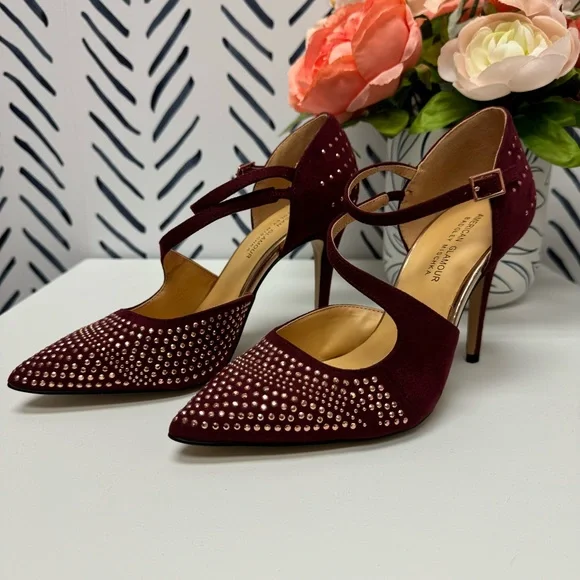 6.5 - Badgley Mischka American Glamour Burgundy Faux Suede Studded Pumps - Picture 3 of 7